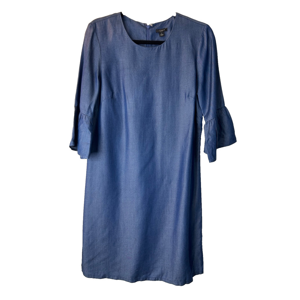 Ann Taylor Shift Dress Size 8 Blue Chambray Ruffle 3/4 Bell Sleeve Flounce Boho‎